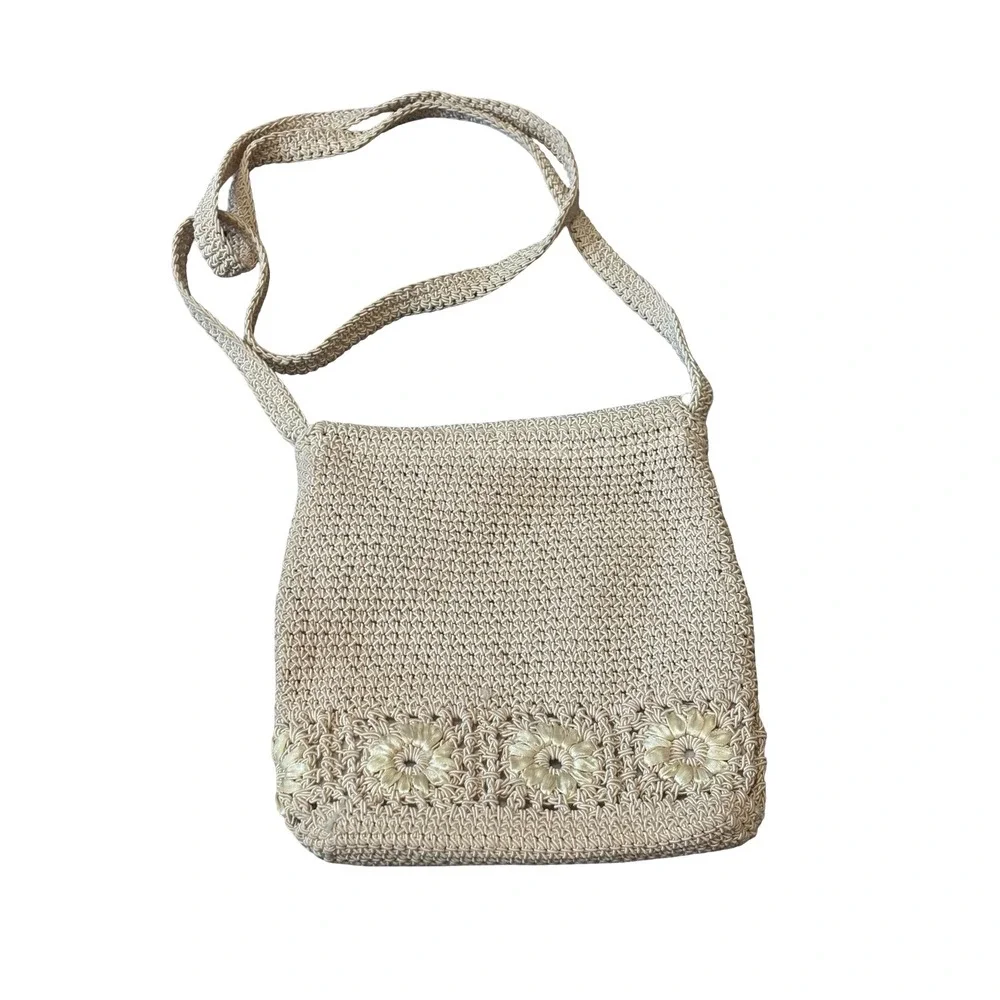 Frankie & Johnnie Crochet Crossbody Bag Tan Beige Floral Embroidered Small Woven